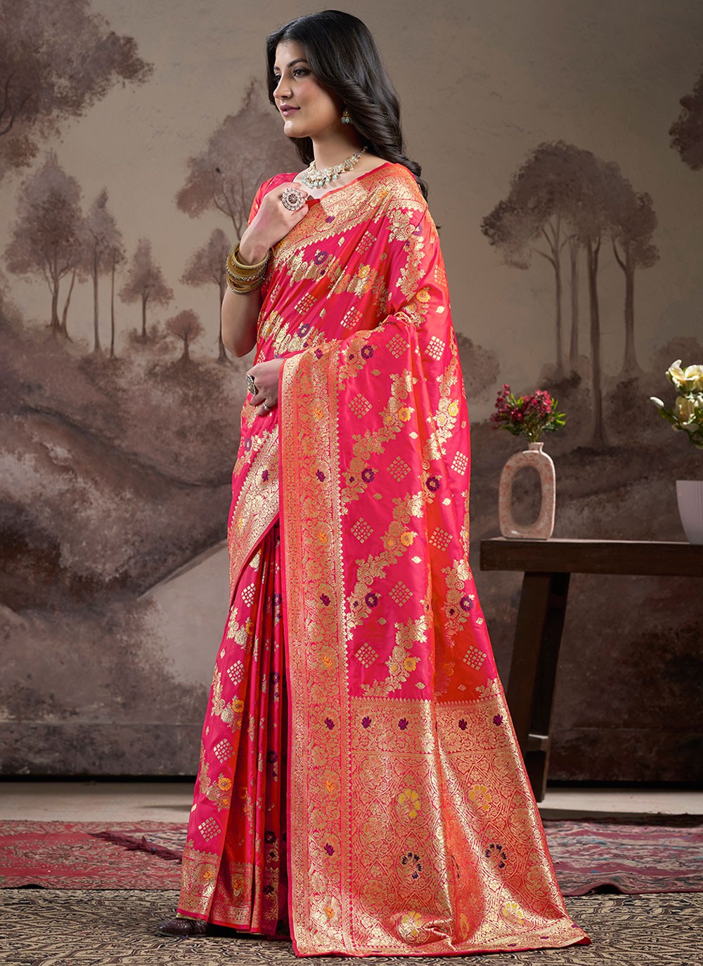 Designer Jacquard Work Hot Pink, Red Jacquard Silk S12592