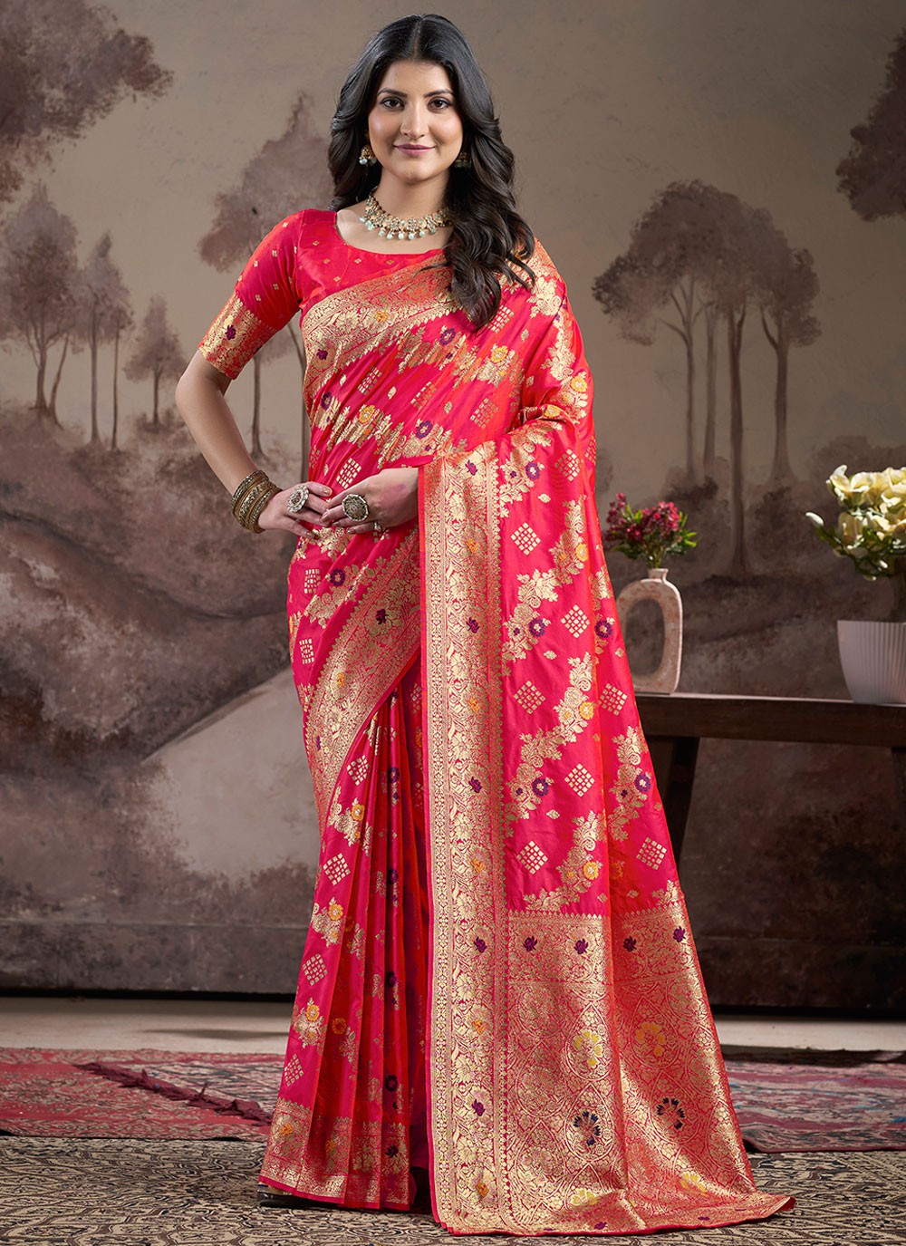 Designer Jacquard Work Hot Pink, Red Jacquard Silk Saree S12592