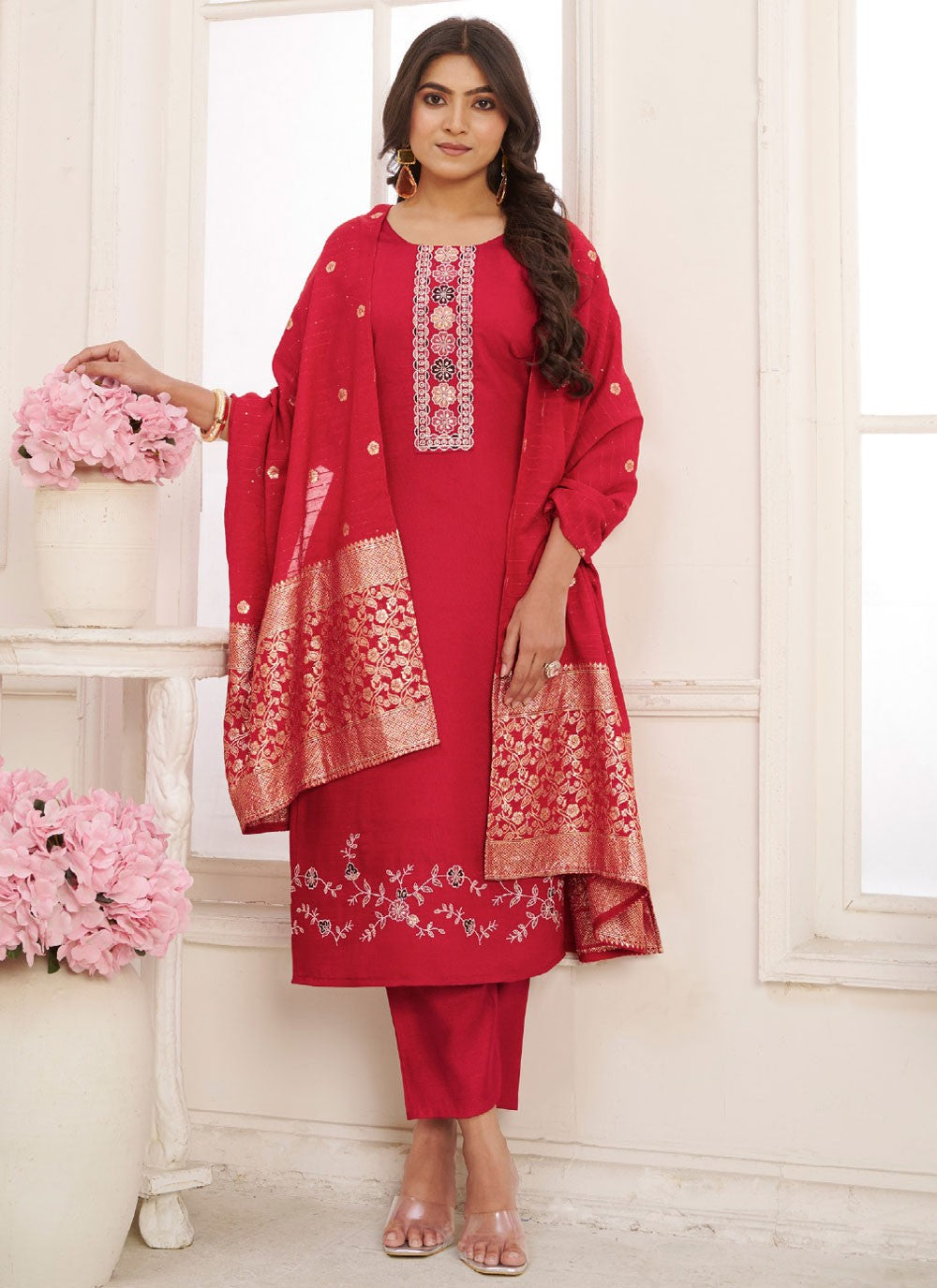Embroidered Silk Hot Pink Pant Style Suit T6584
