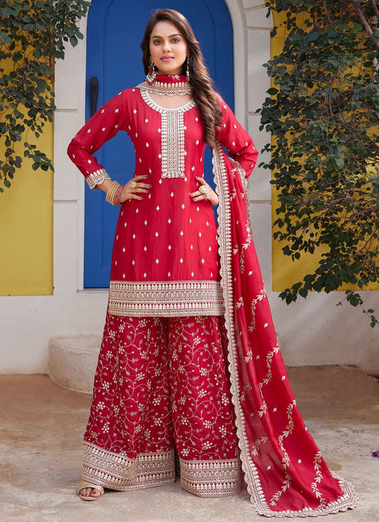 Salwar Suit Embroidered Hot Pink, Red Silk T5577