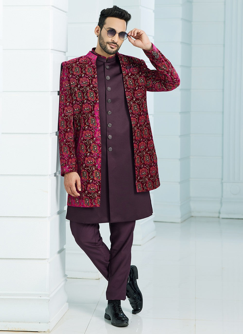 Fancy Work Velvet Hot Pink, Wine Indo Western Sherwani - M6111