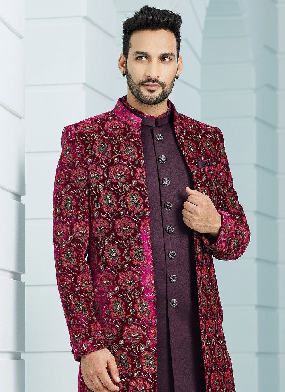 Fancy Work Velvet Hot Pink, Wine Indo Western Sherwani - M6111