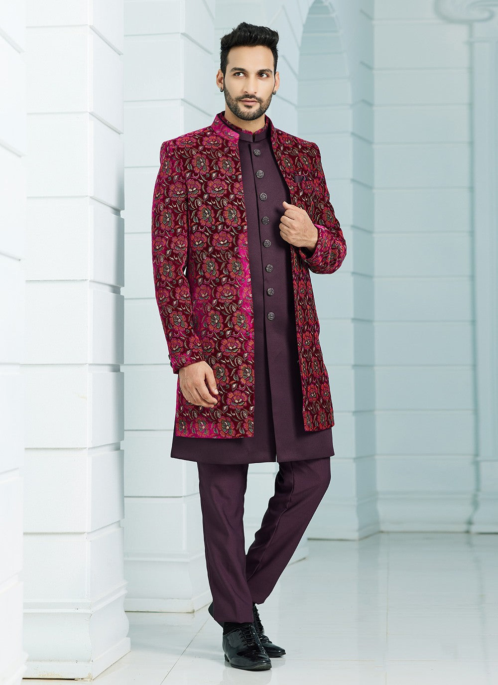 Fancy Work Velvet Hot Pink, Wine Indo Western Sherwani - M6111
