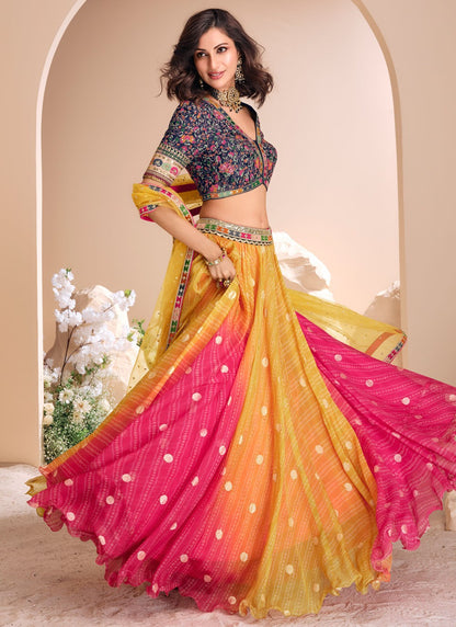 Foliage Prints Jacquard Silk, Viscose Hot Pink, Yellow Lehenga - L3430