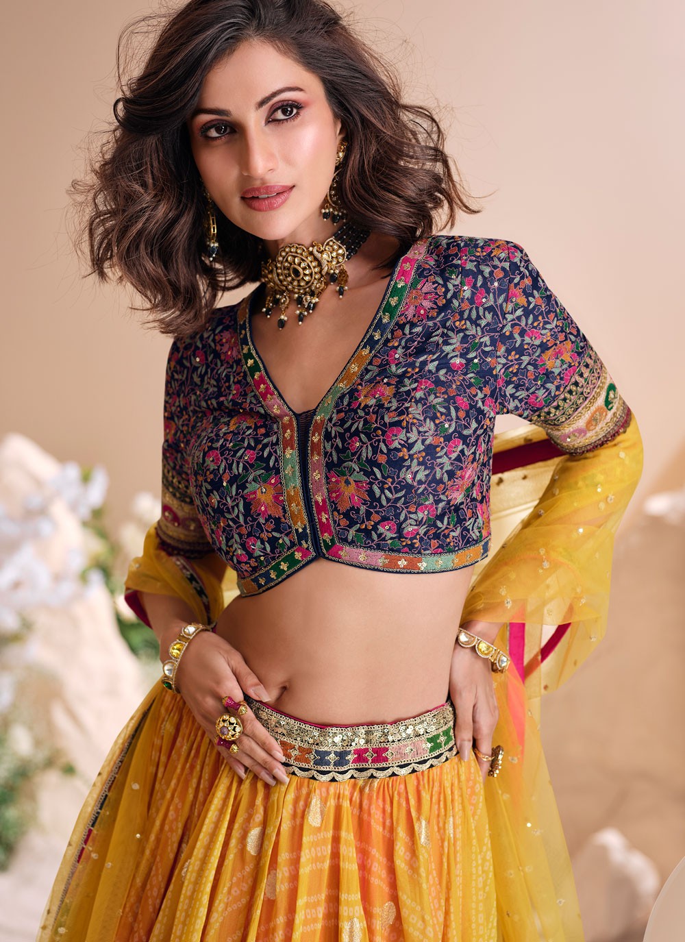Foliage Prints Jacquard Silk, Viscose Hot Pink, Yellow Lehenga - L3430