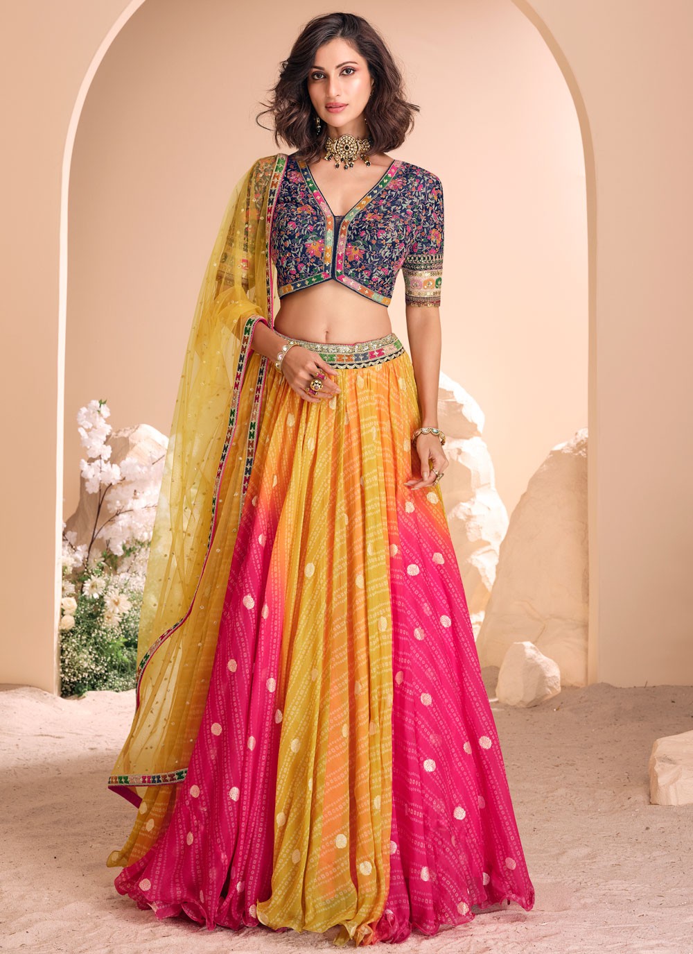 Foliage Prints Jacquard Silk, Viscose Hot Pink, Yellow Lehenga - L3430