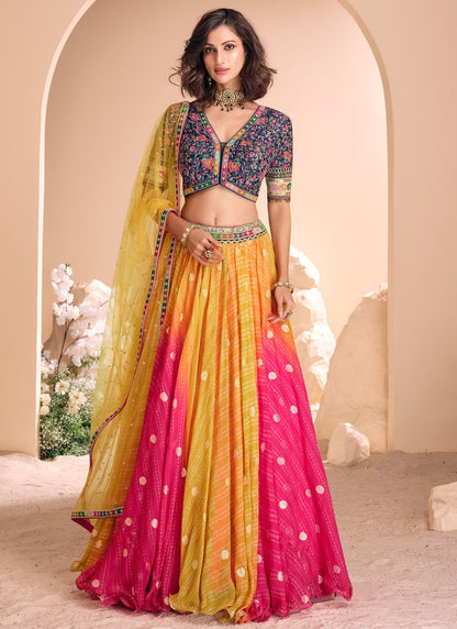 Foliage Prints Jacquard Silk, Viscose Hot Pink, Yellow Lehenga - L3430