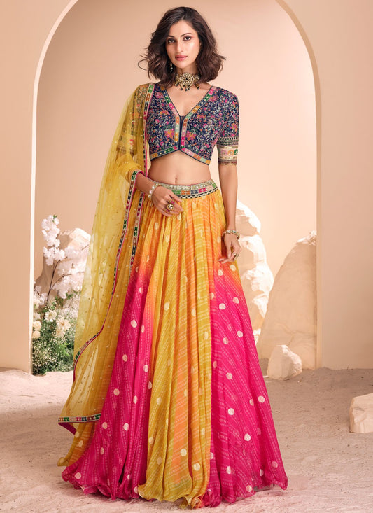 Foliage Prints Jacquard Silk, Viscose Hot Pink, Yellow Lehenga - L3430