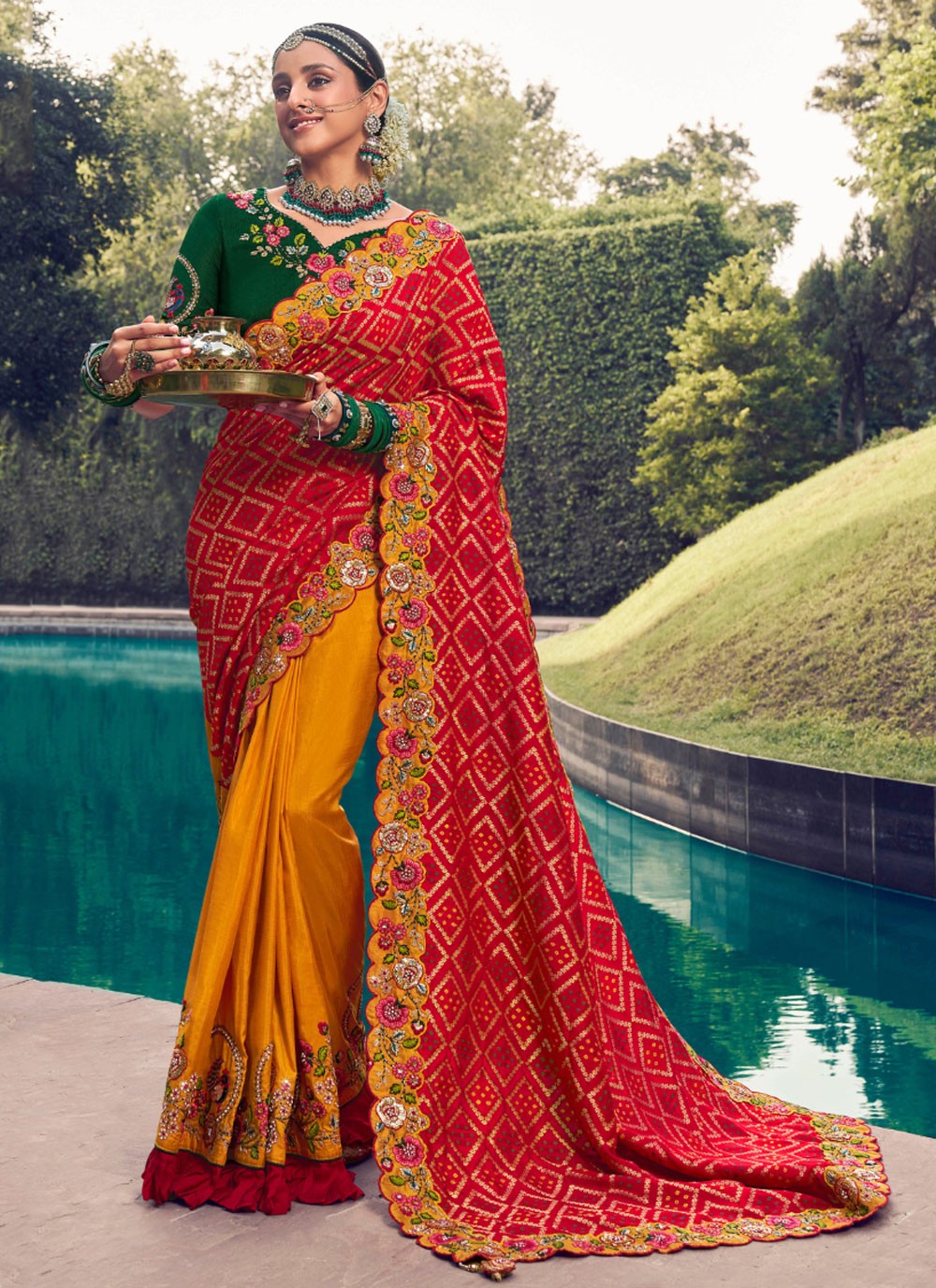 Classic Saree Border Work Hot Pink, Yellow Silk Saree S13371