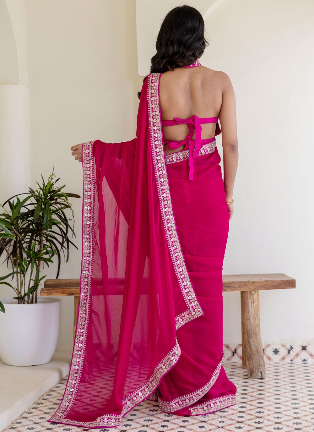 Hot Pink Rangoli Classic Saree Border Work, Embroidered, Sequins S18234