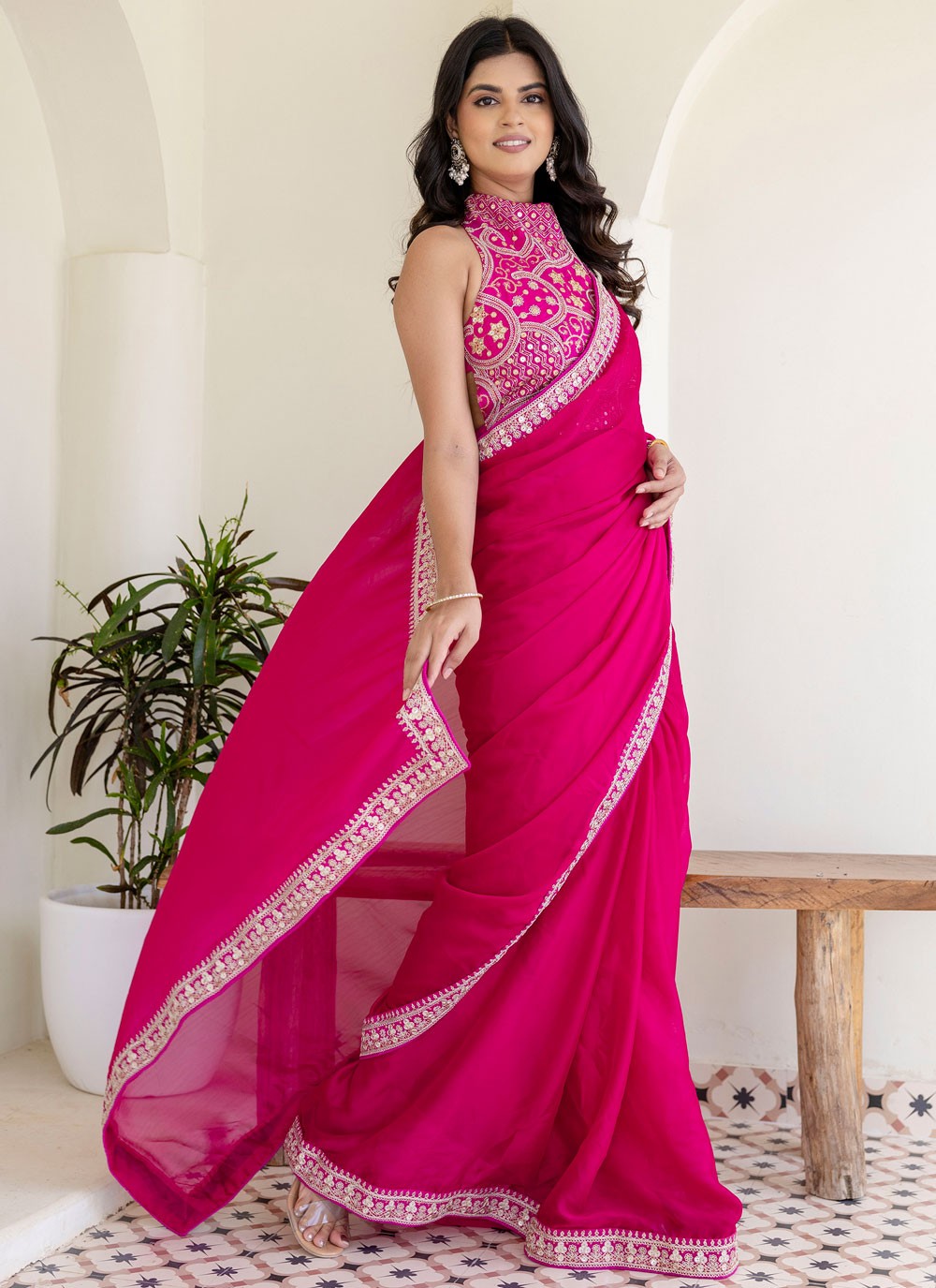 Hot Pink Rangoli Classic Saree Border Work, Embroidered, Sequins S18234