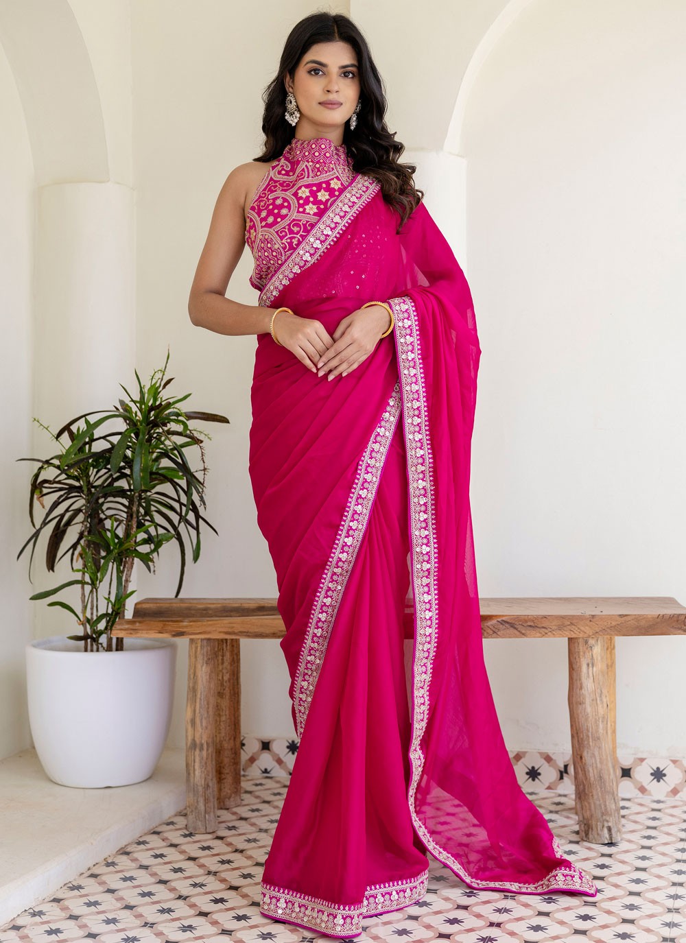 Hot Pink Rangoli Classic Saree Border Work, Embroidered, Sequins S18234