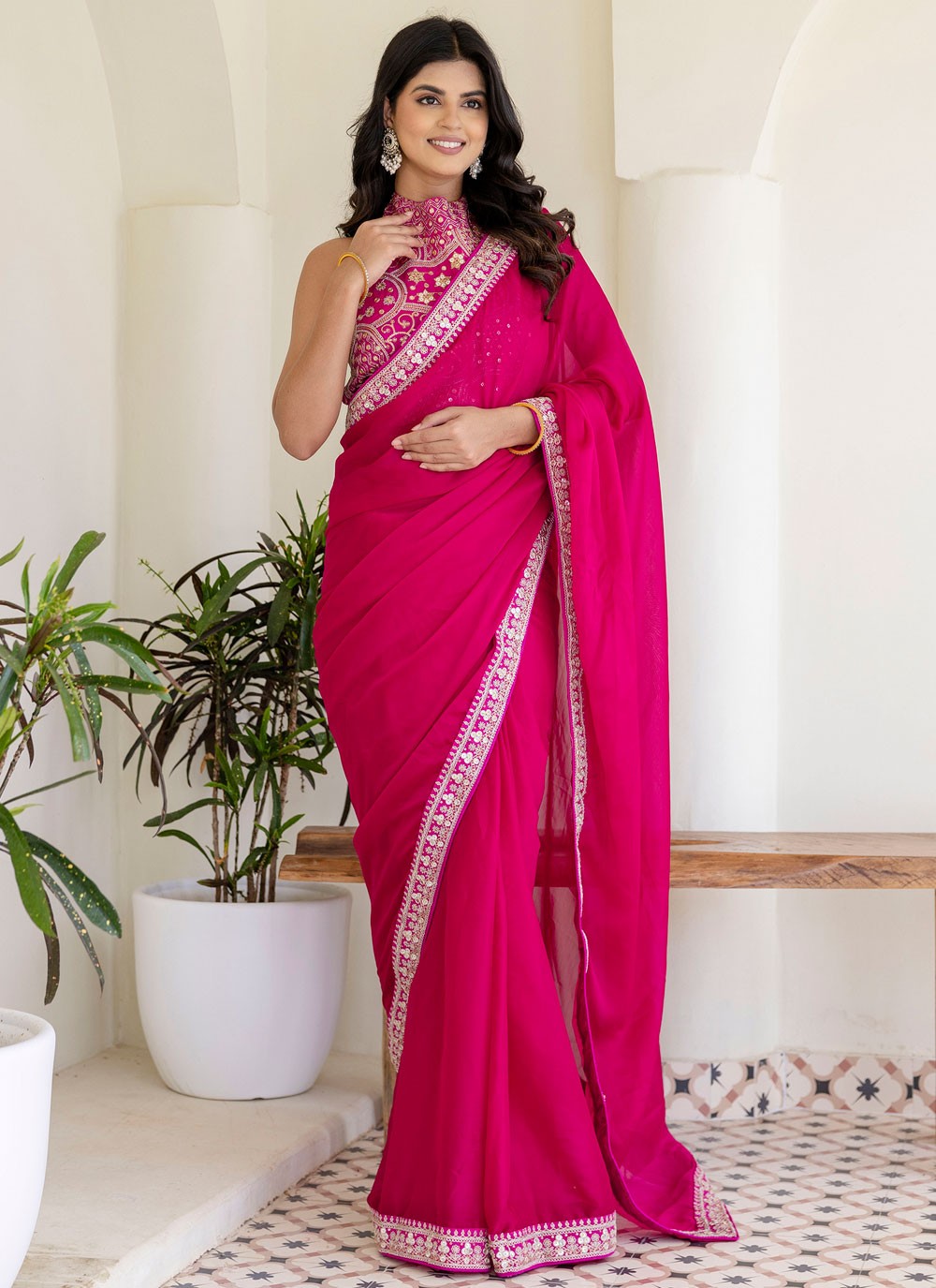 Hot Pink Rangoli Classic Saree Border Work, Embroidered, Sequins S18234