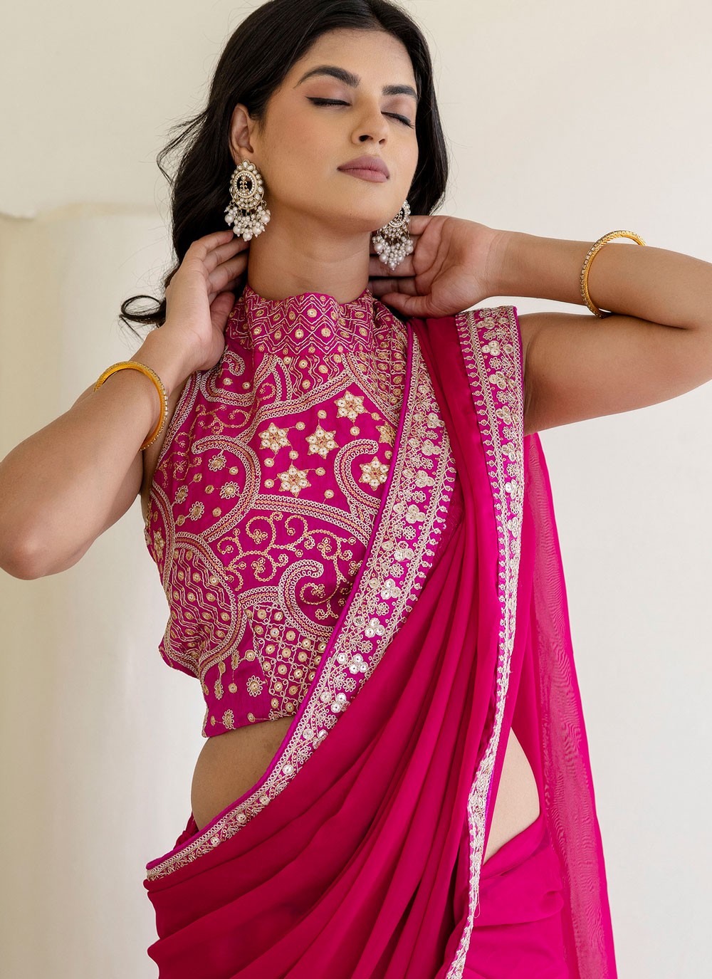 Hot Pink Rangoli Classic Saree Border Work, Embroidered, Sequins S18234