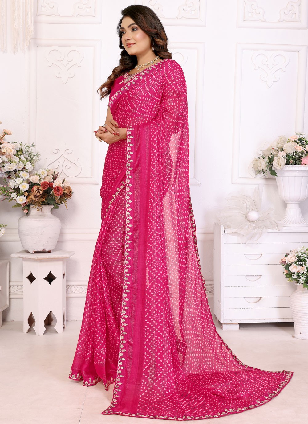 Bandhej Chiffon Hot Pink Designer Saree S14951