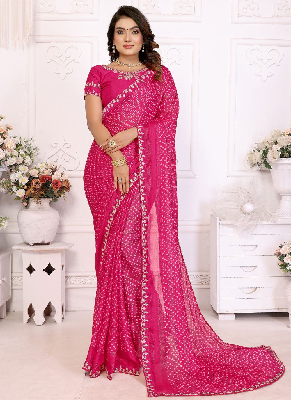 Bandhej Chiffon Hot Pink Designer Saree S14951
