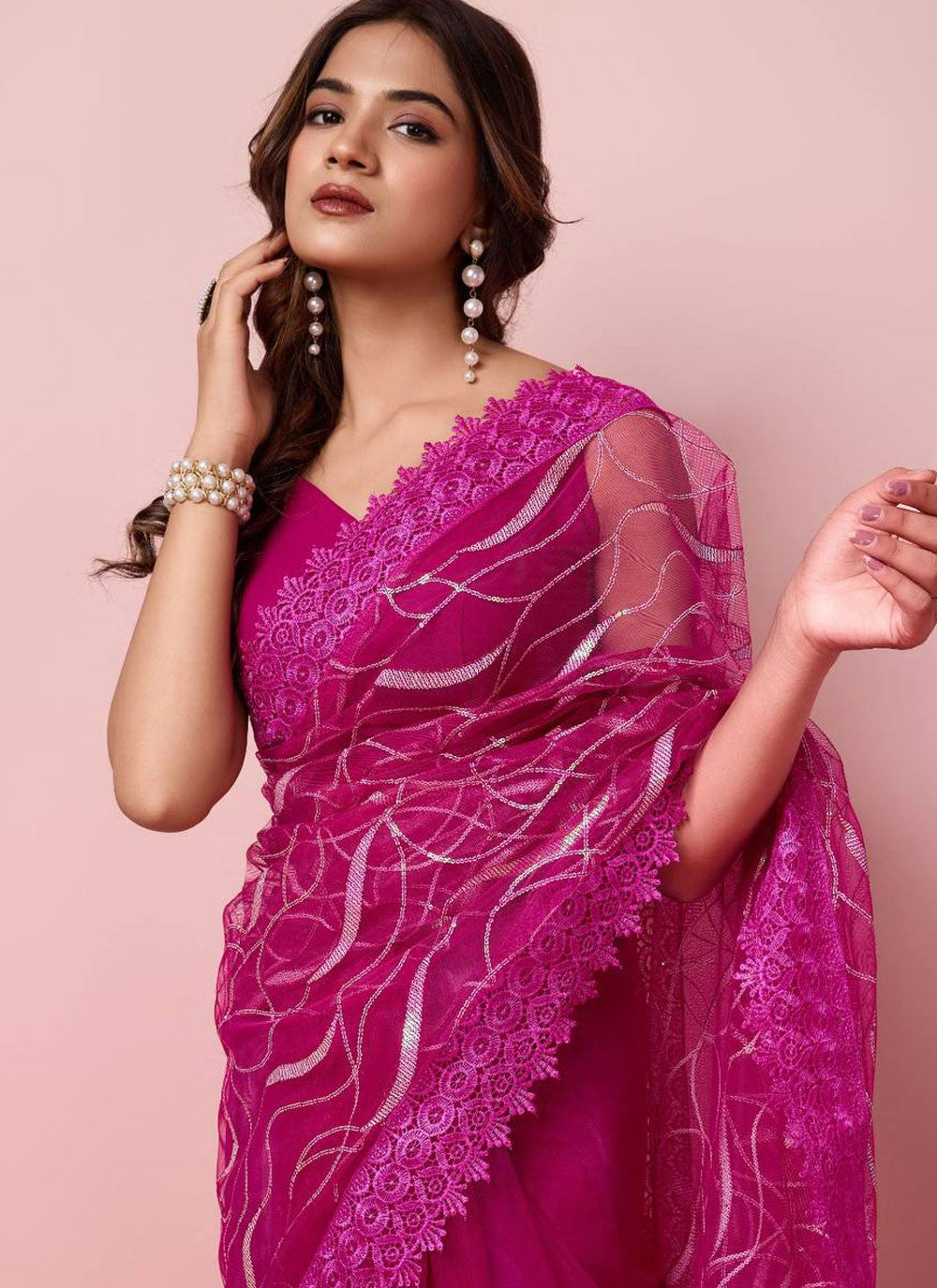 Contemporary Border Work Net Saree - S6471