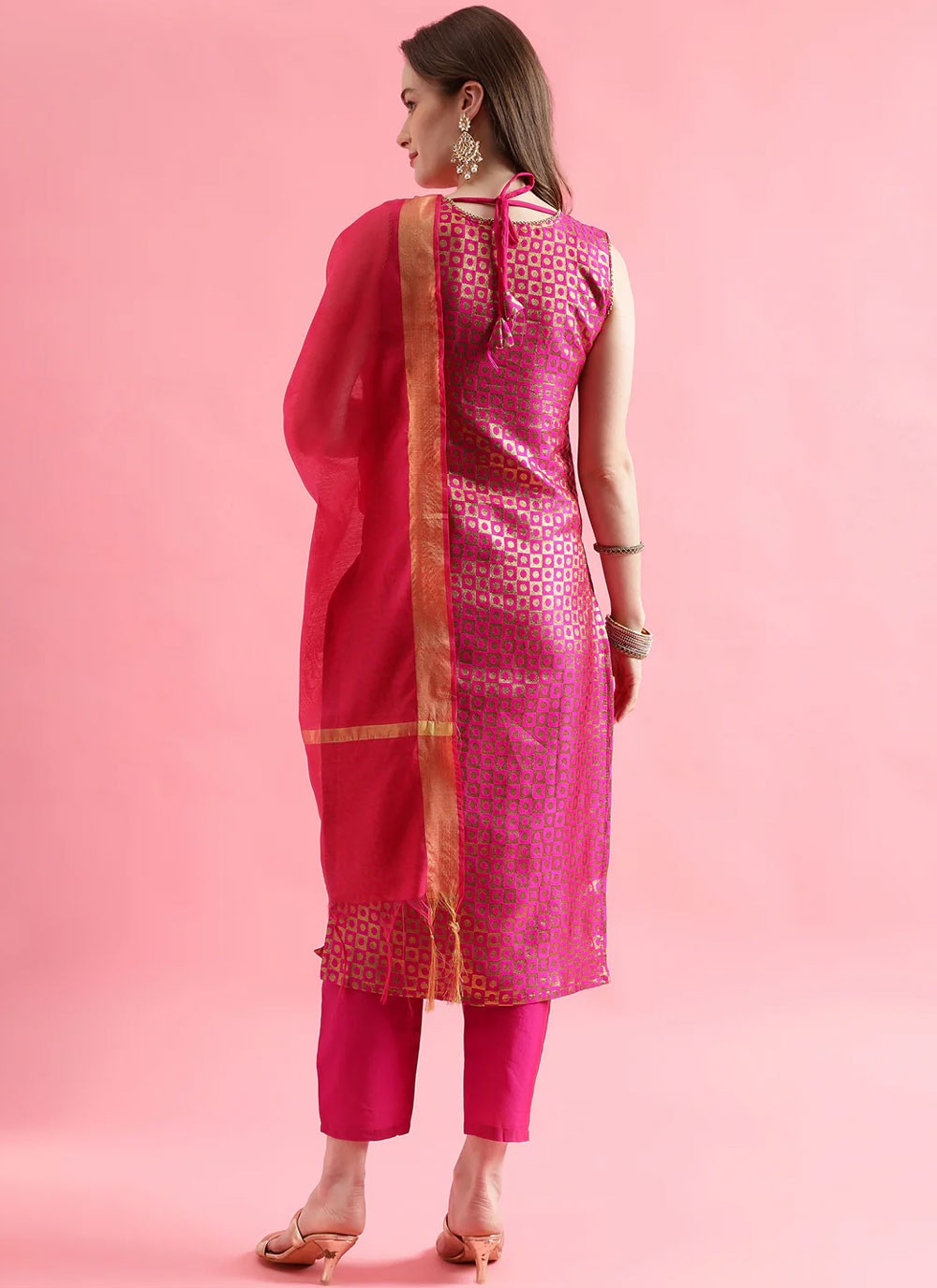 Jacquard Work Silk Blend Hot Pink Salwar Suit T6321