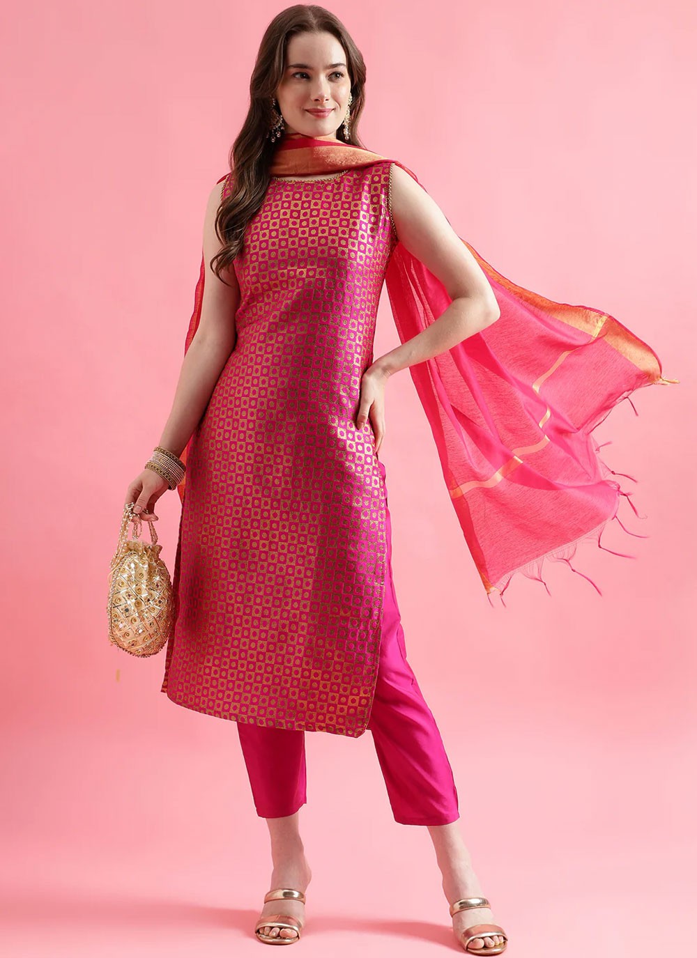 Jacquard Work Silk Blend Hot Pink Salwar Suit T6321