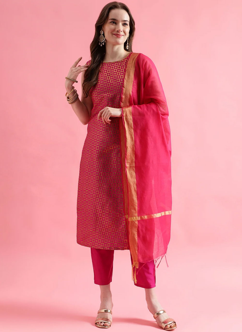 Jacquard Work Silk Blend Hot Pink Salwar Suit T6321