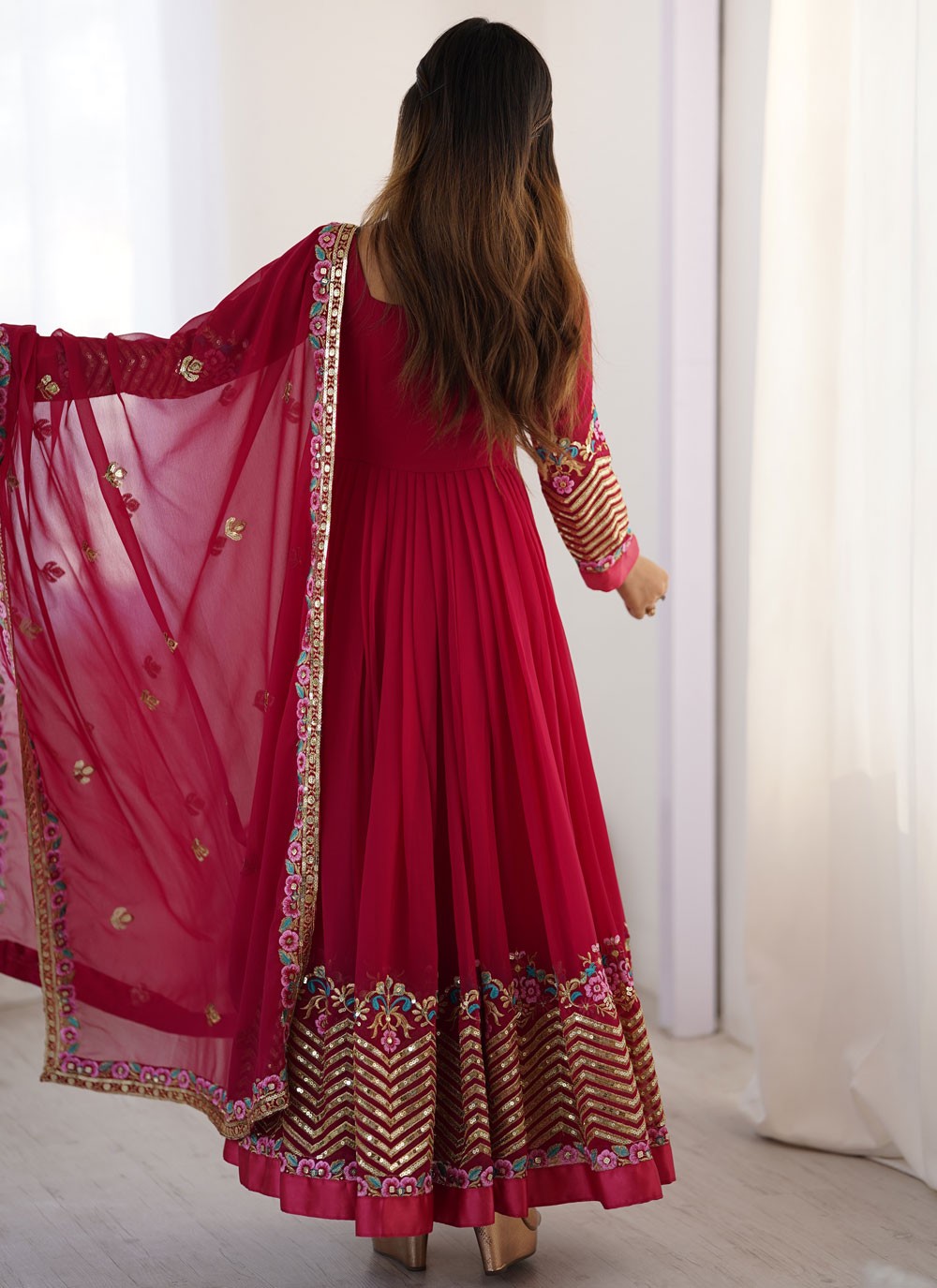 Anarkali Embroidered, Multi Work, Sequins, Thread Hot Pink T8310