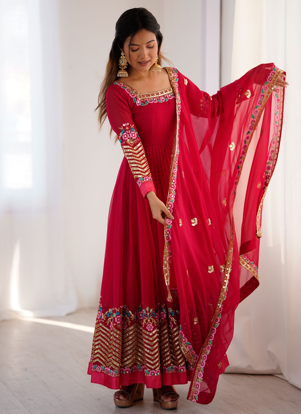 Anarkali Embroidered, Multi Work, Sequins, Thread Hot Pink T8310