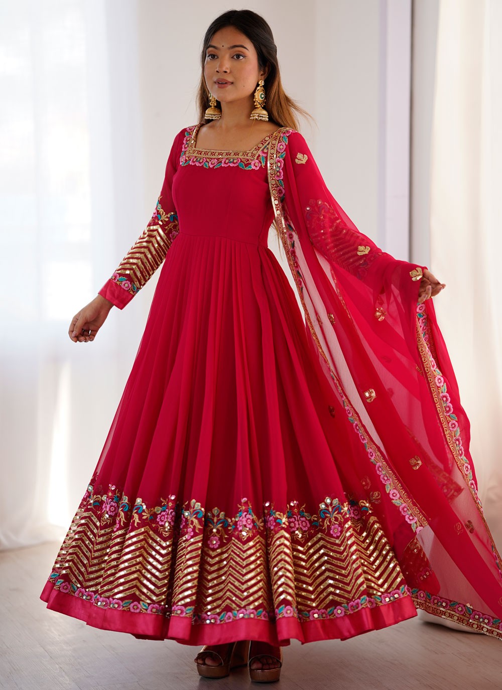 Anarkali Embroidered, Multi Work, Sequins, Thread Hot Pink T8310