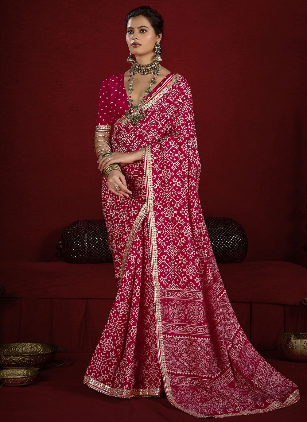 Hot Pink Silk Traditional Saree Border Work, Lace, Printed S17119