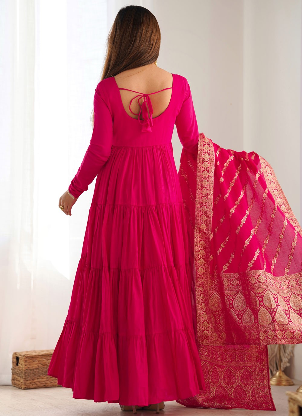 Salwar Suit Plain Hot Pink Chanderi Silk T5399