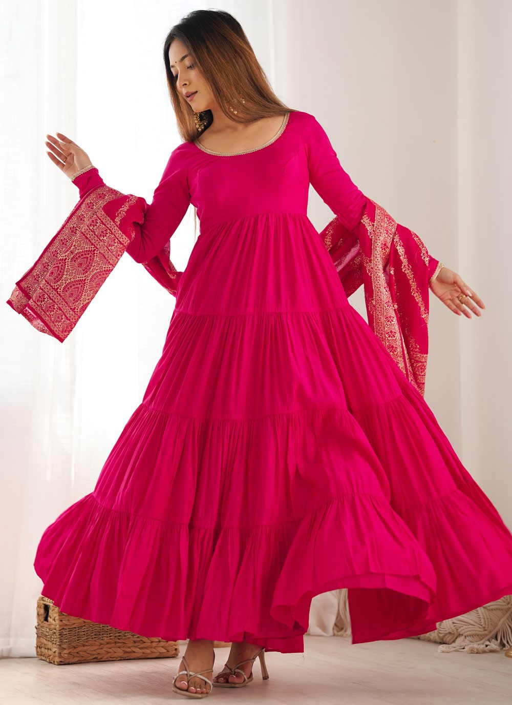 Salwar Suit Plain Hot Pink Chanderi Silk T5399