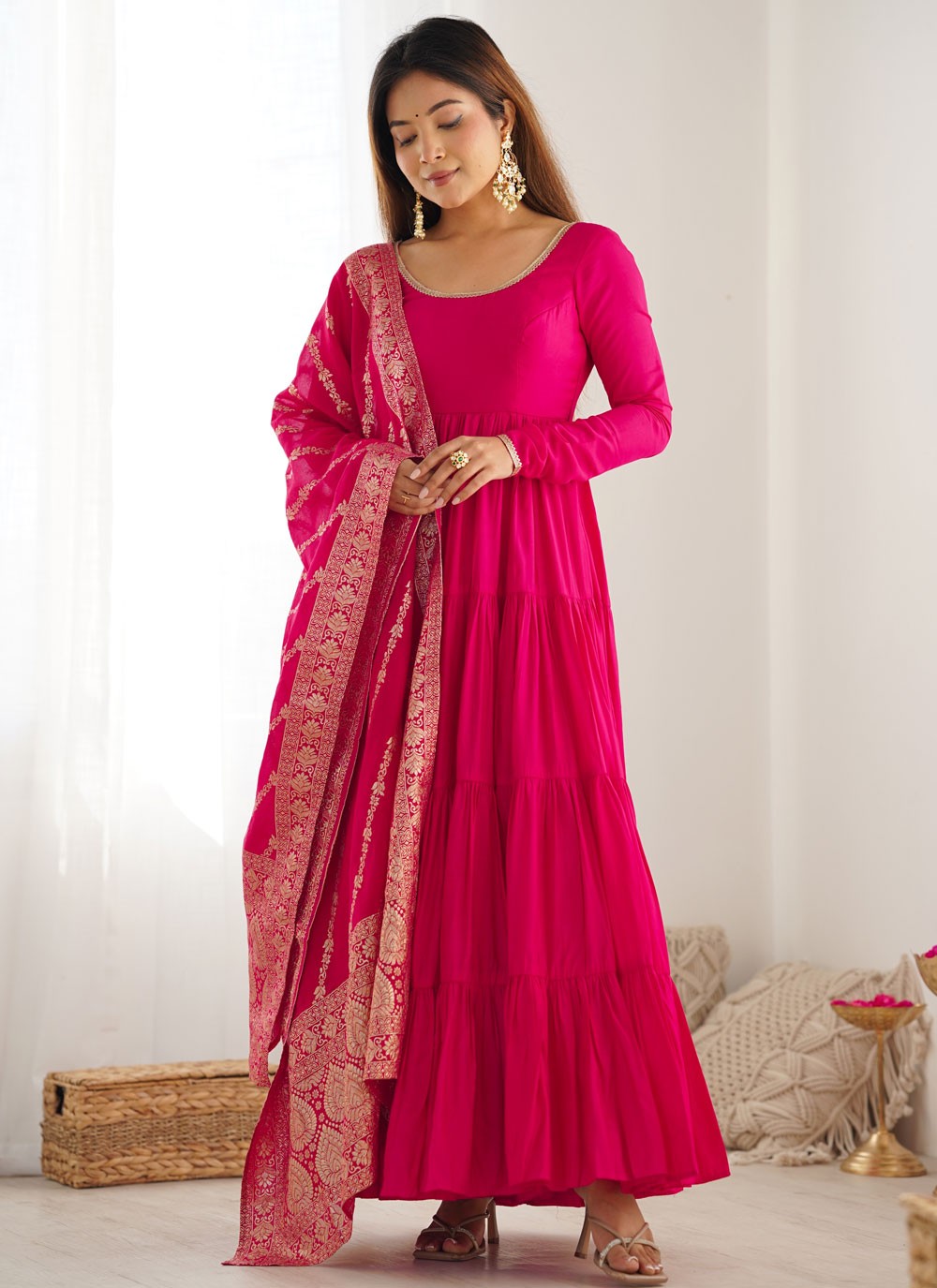 Salwar Suit Plain Hot Pink Chanderi Silk T5399