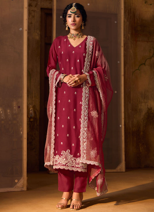 Salwar Suit Embroidered Hot Pink Silk T5558