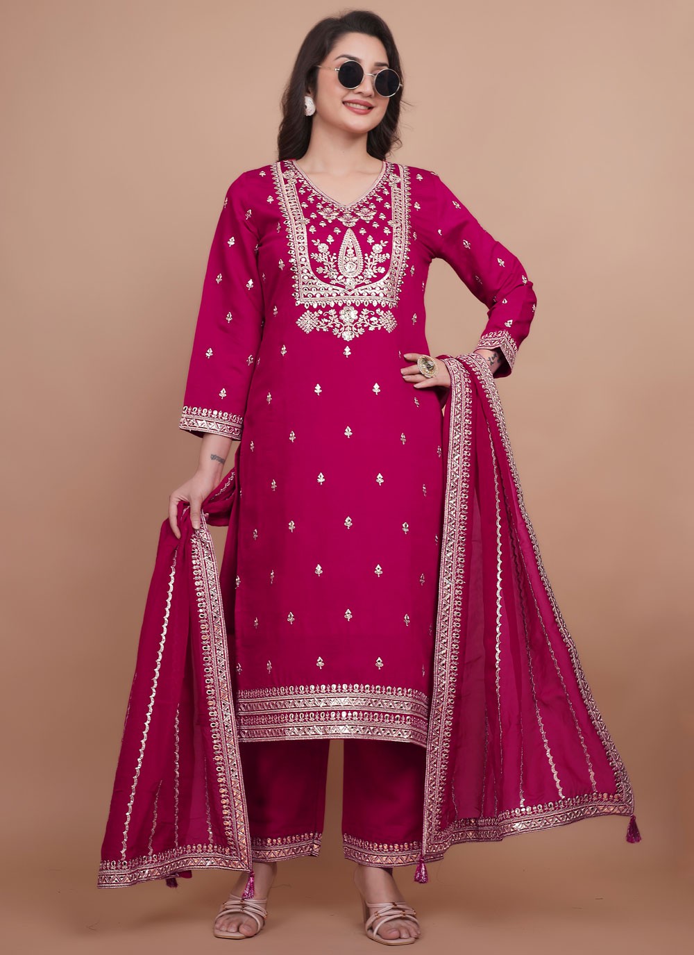 Pant Style Suit Embroidered, Zari Hot Pink T7704