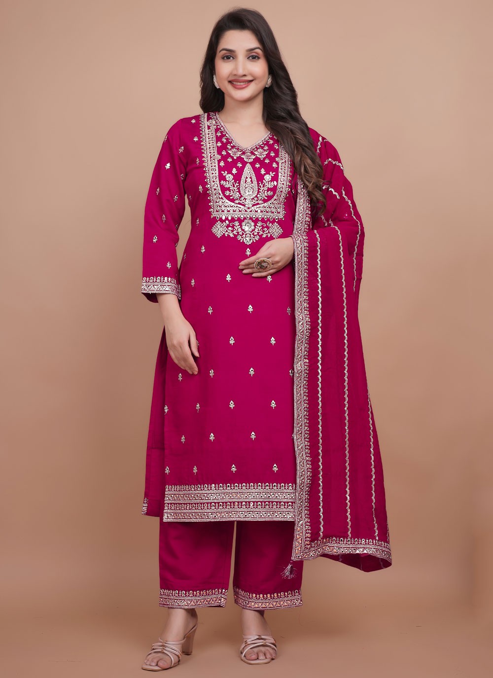 Pant Style Suit Embroidered, Zari Hot Pink T7704