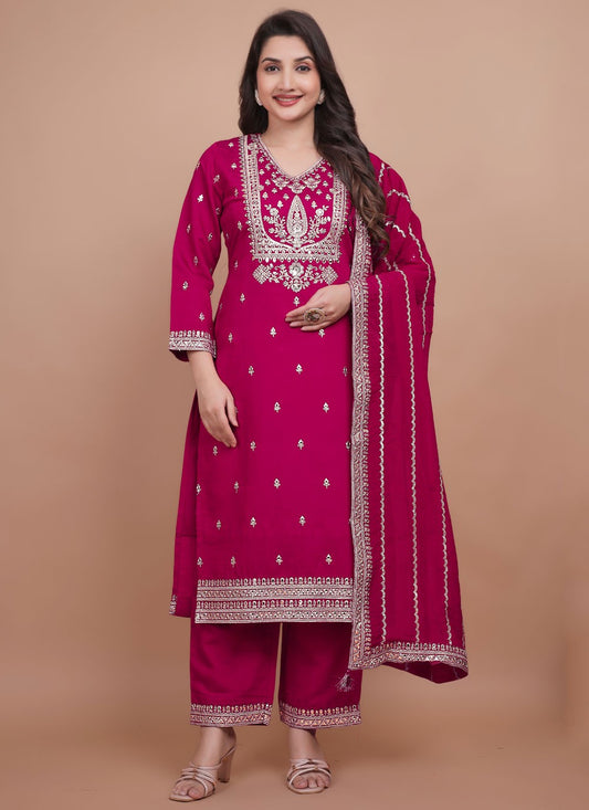 Pant Style Suit Embroidered, Zari Hot Pink T7704