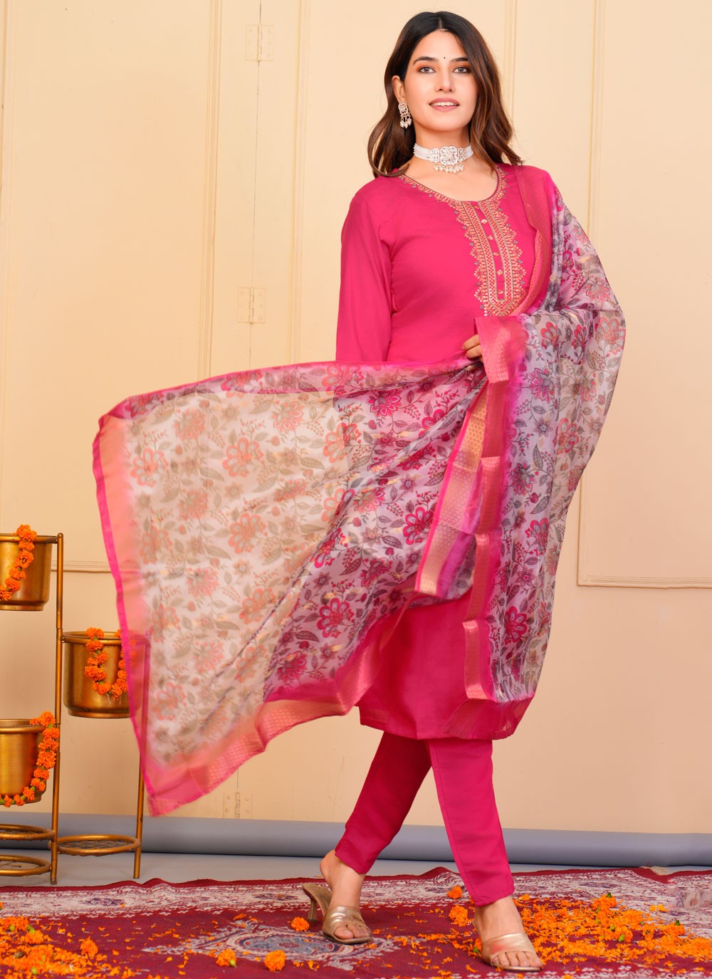 Salwar Suit Embroidered Hot Pink Chanderi T5134