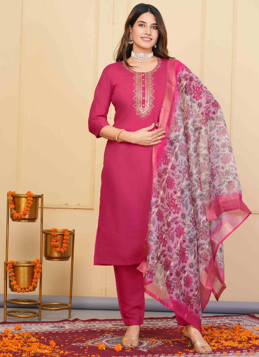 Salwar Suit Embroidered Hot Pink Chanderi T5134