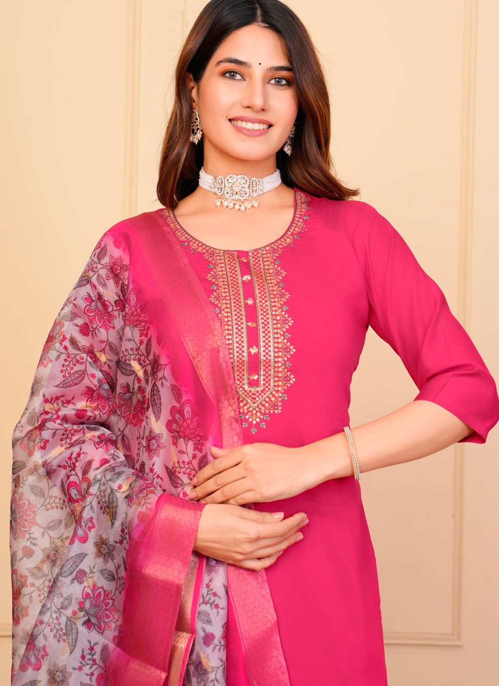 Salwar Suit Embroidered Hot Pink Chanderi T5134