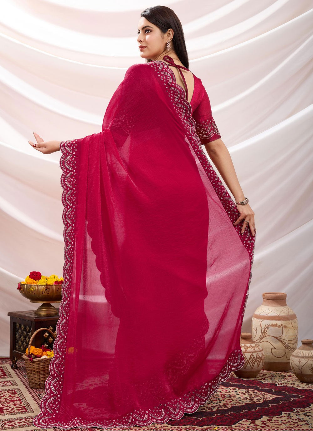 Contemporary Beads Hot Pink Chiffon Saree S13404