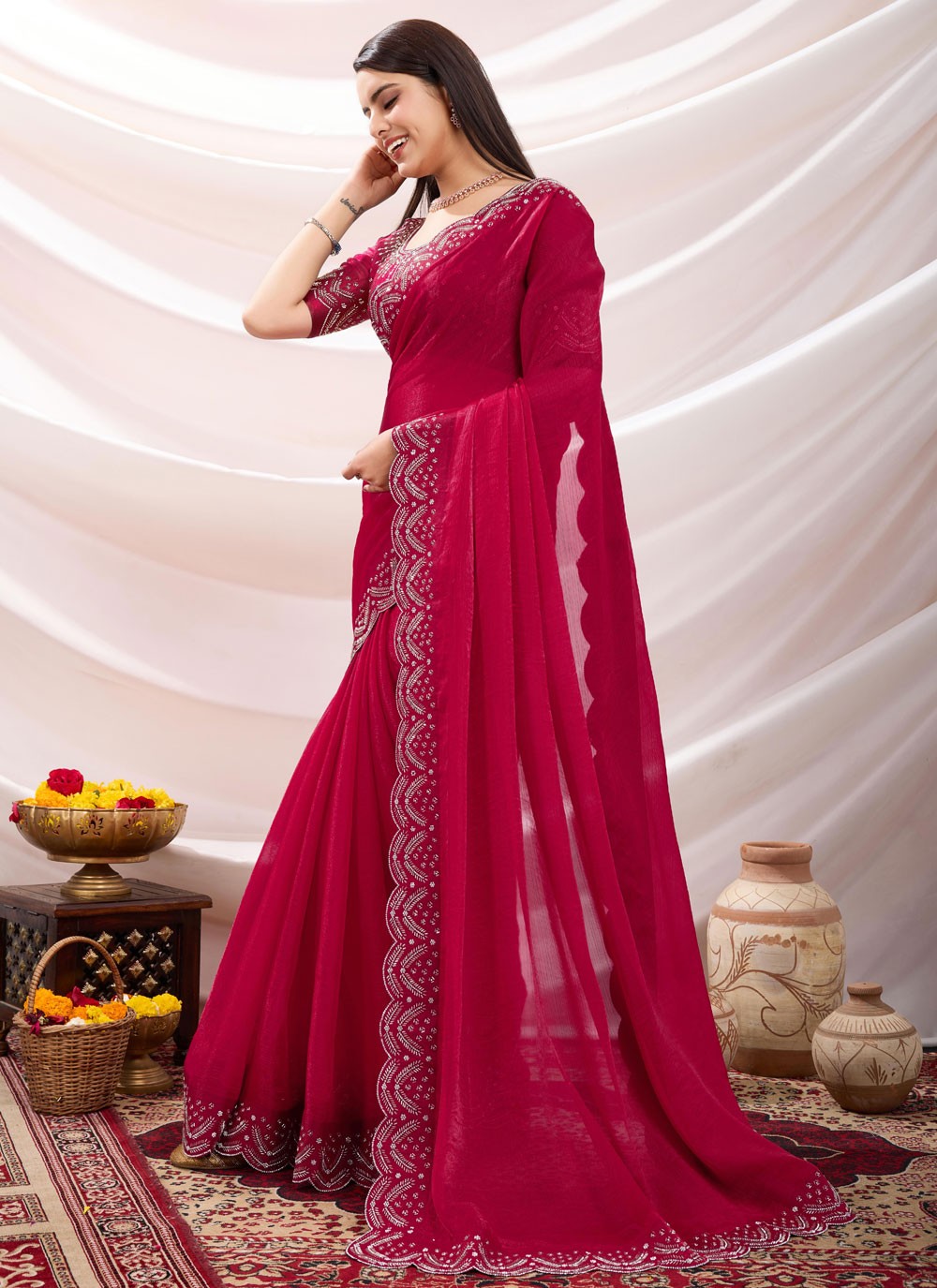 Contemporary Beads Hot Pink Chiffon Saree S13404