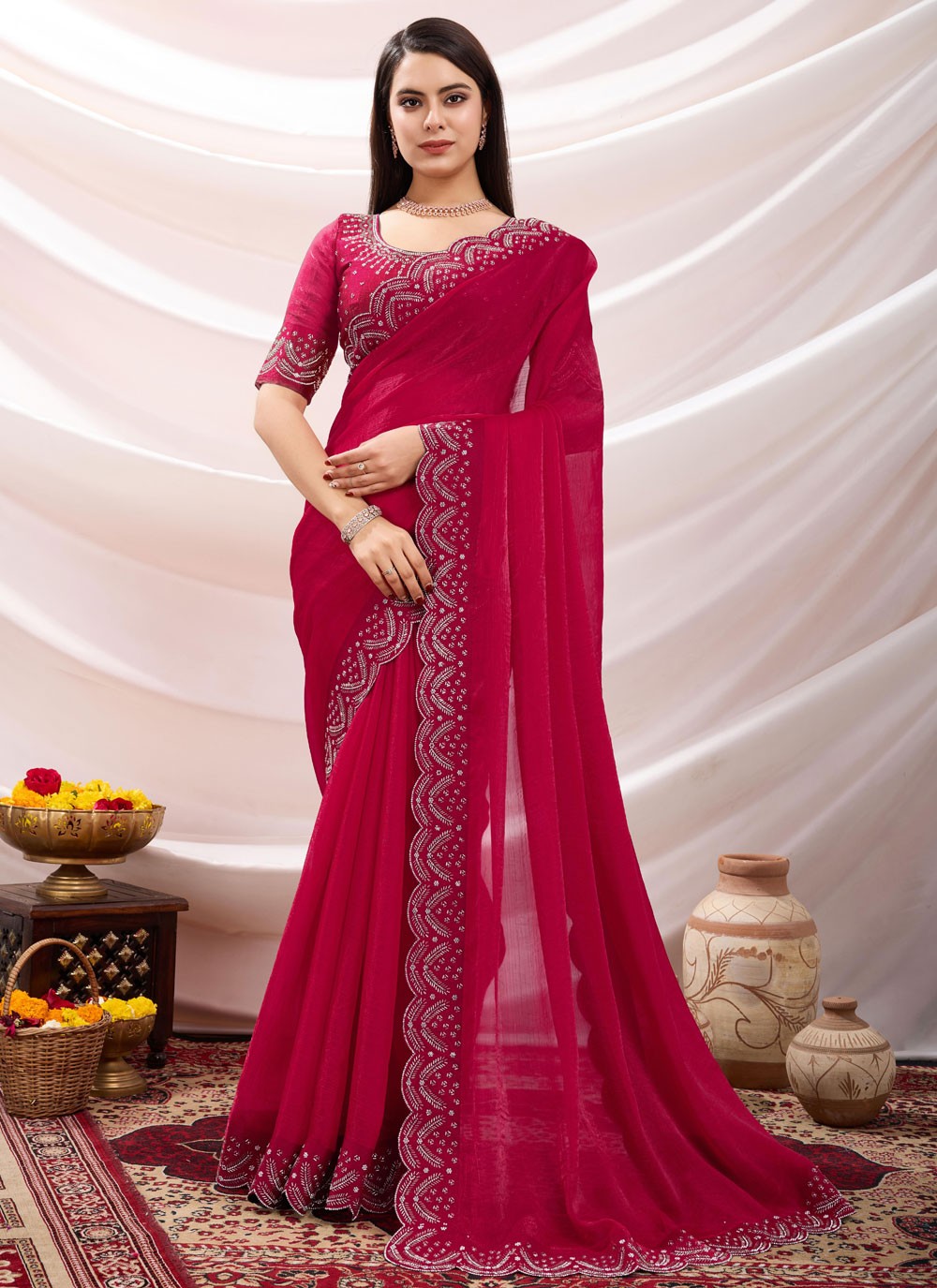 Contemporary Beads Hot Pink Chiffon Saree S13404