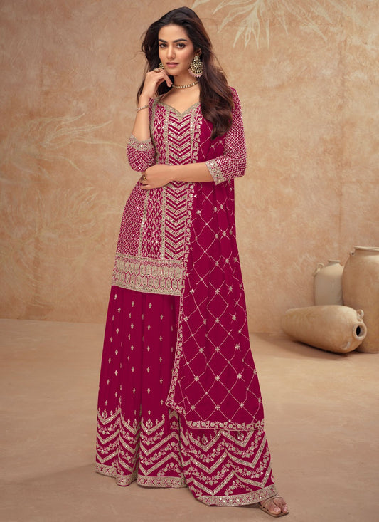 Embroidered Chinon Hot Pink Palazzo Suit T5990
