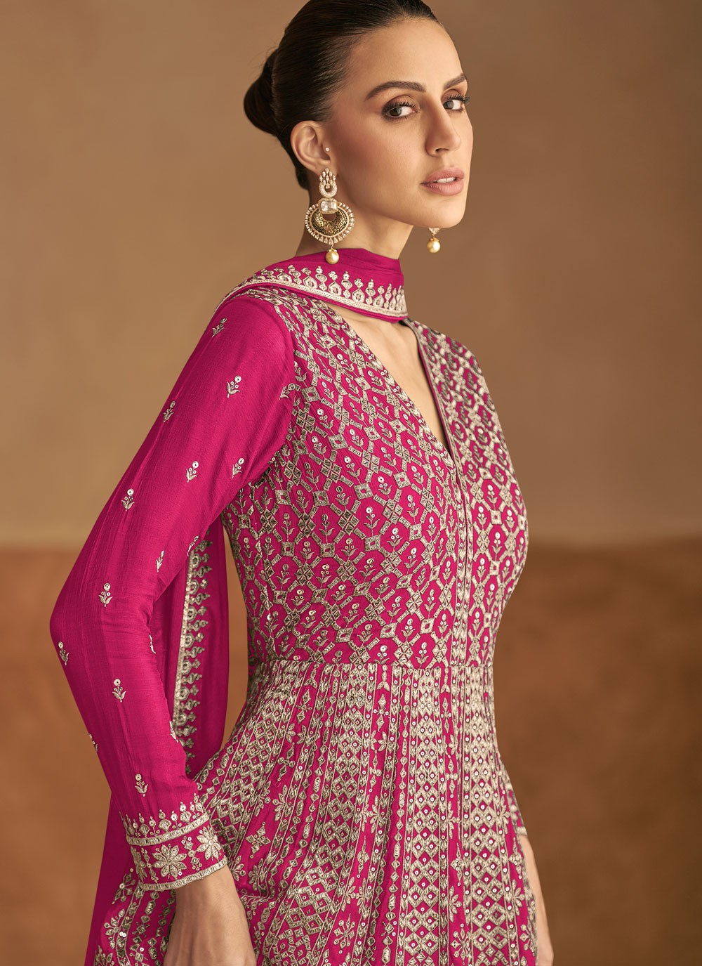 Embroidered Chinon Hot Pink Gown G19786