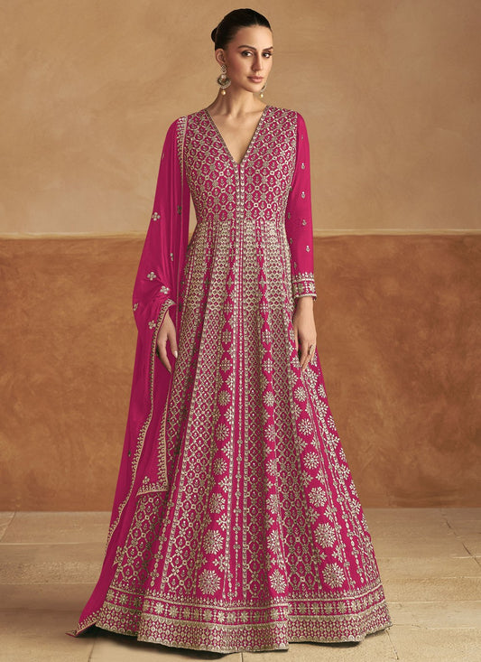 Embroidered Chinon Hot Pink Gown G19786