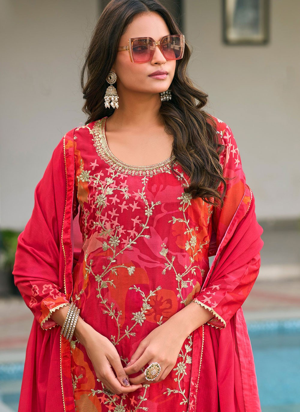 Palazzo Suit Abstract Print, Embroidered, Fancy Work, Zari Hot Pink T7867