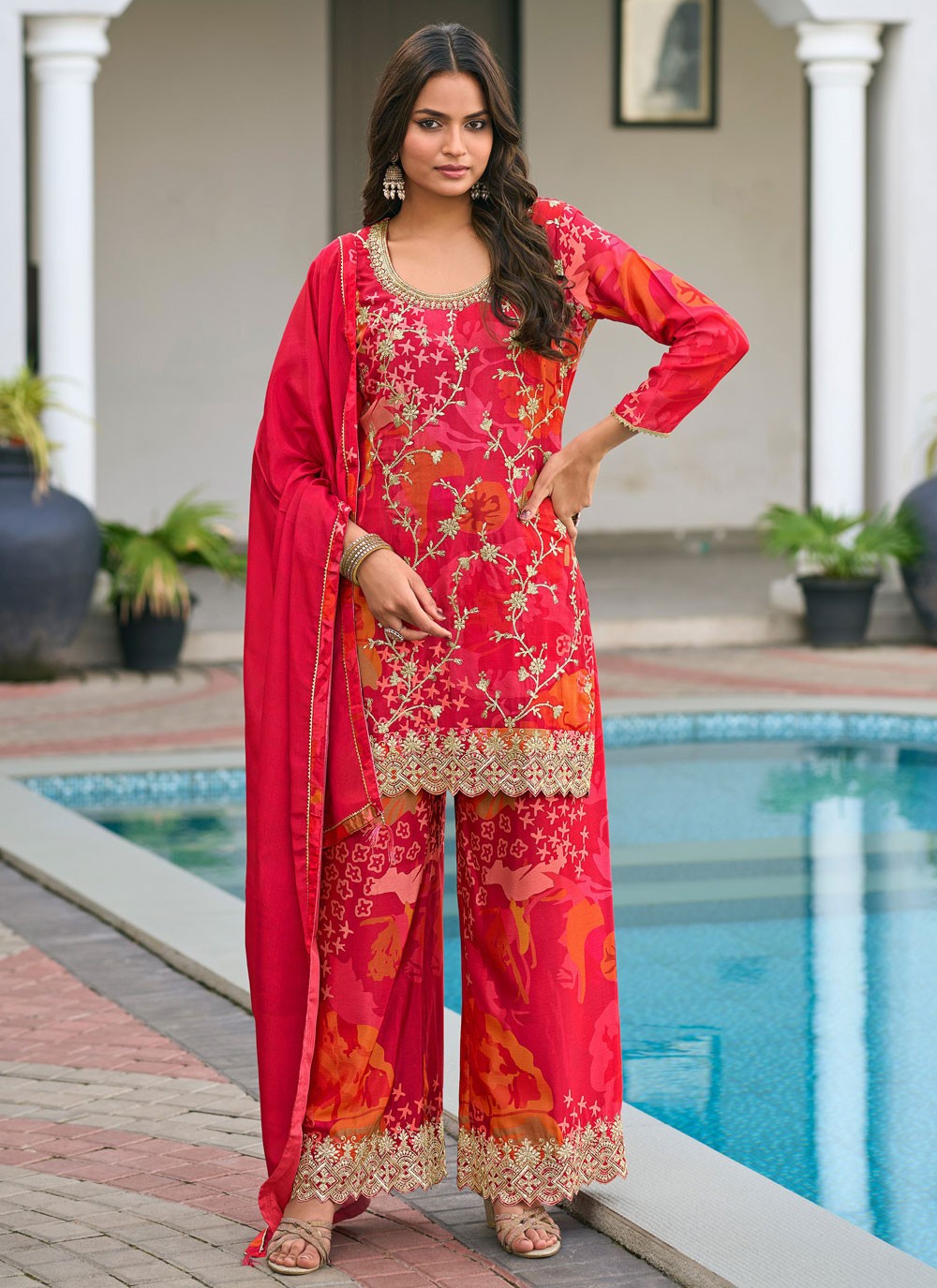 Palazzo Suit Abstract Print, Embroidered, Fancy Work, Zari Hot Pink T7867
