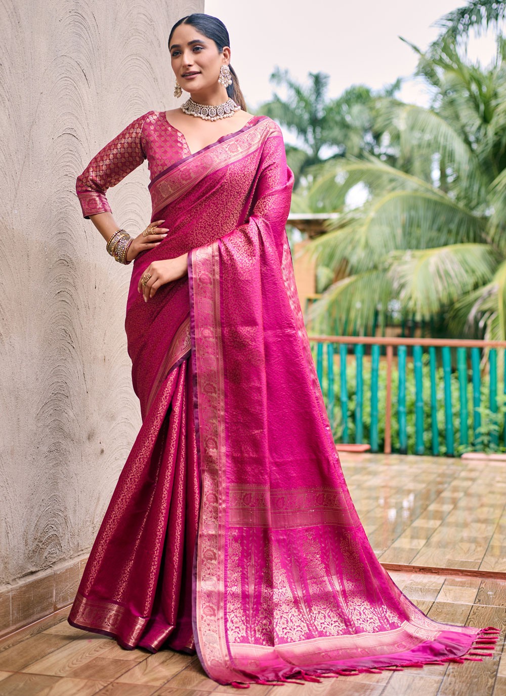 Classic Saree Woven Hot Pink Kanjivaram Silk S12526