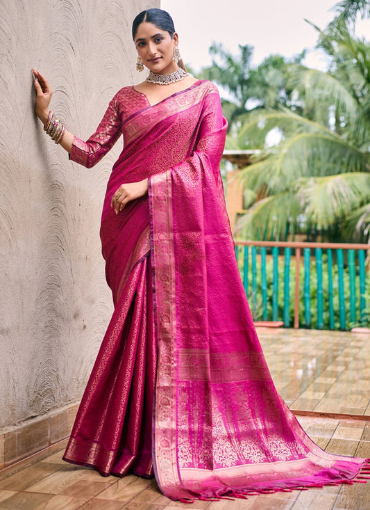 Classic Saree Woven Hot Pink Kanjivaram Silk S12526