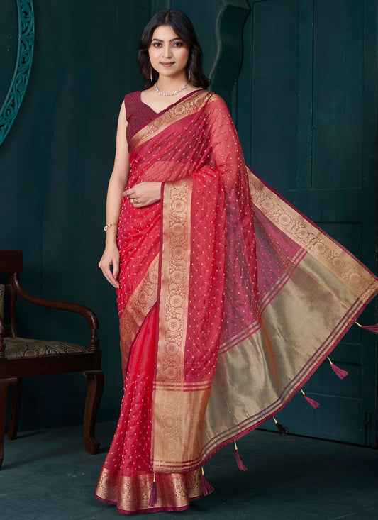 Beads Jacquard Hot Pink Classic Saree S15055