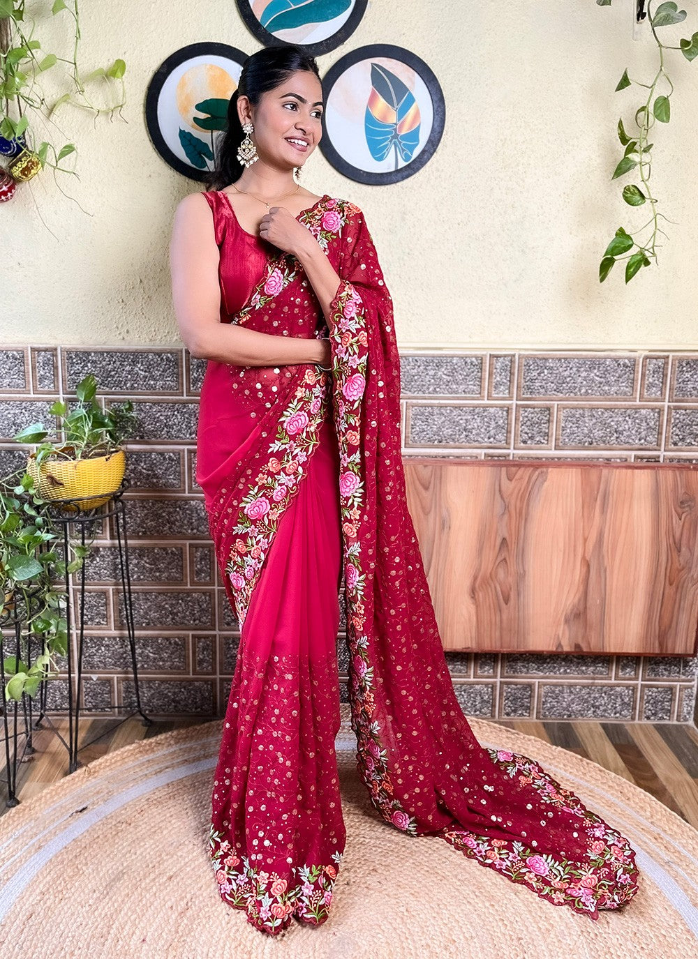 Hot Pink Georgette Traditional Saree Embroidered, Multi Work, Sequins, Thread S16108